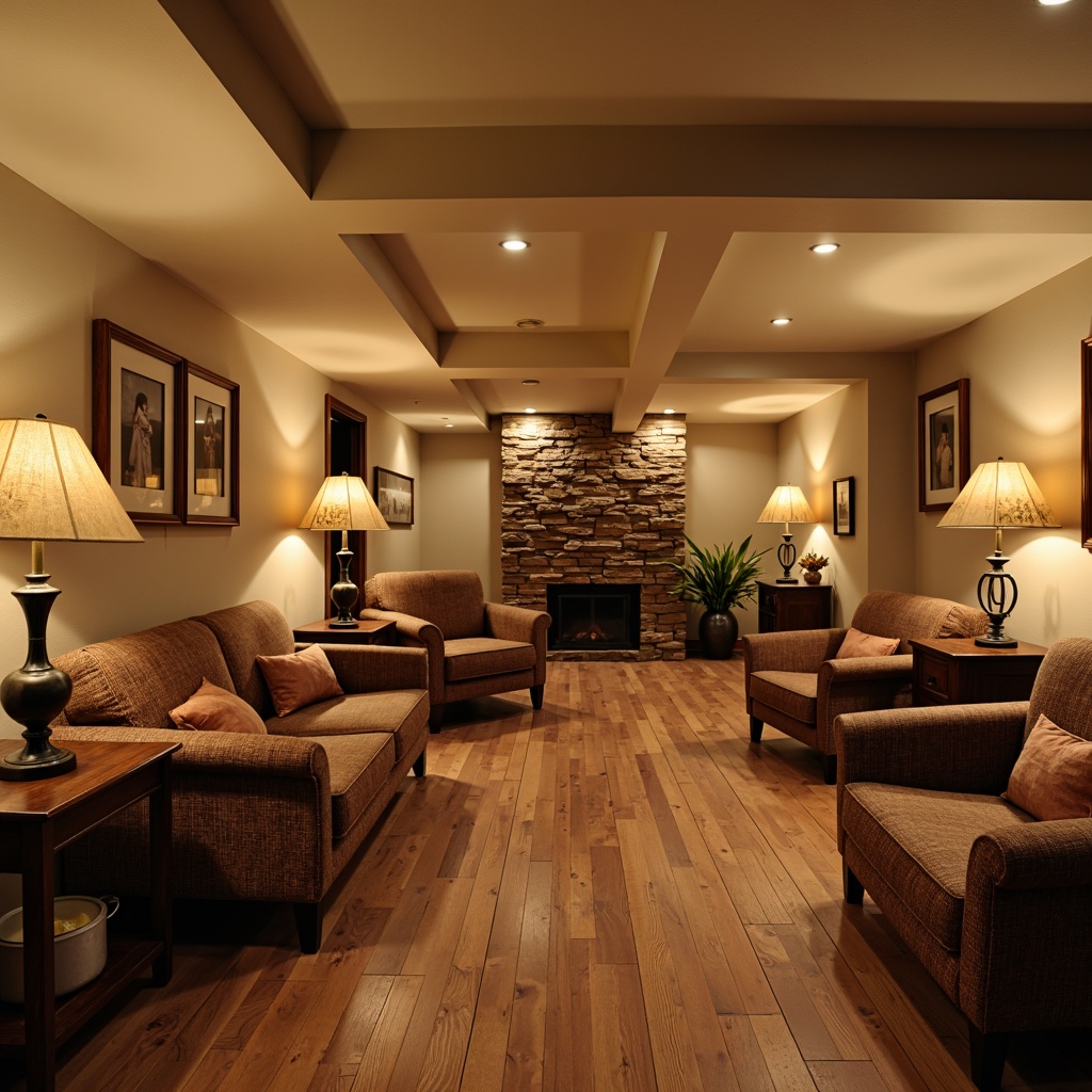 Prompt: Cozy basement, traditional interior design, warm beige walls, soft cream-colored ceiling, rustic wooden floorboards, vintage furniture pieces, ornate metal fixtures, classic lantern-style lighting, warm white bulbs, table lamps with linen shades, floor lamps with burlap patterns, recessed ceiling lights, ambient indirect lighting, 1/1 composition, shallow depth of field, realistic textures, subtle shadows.