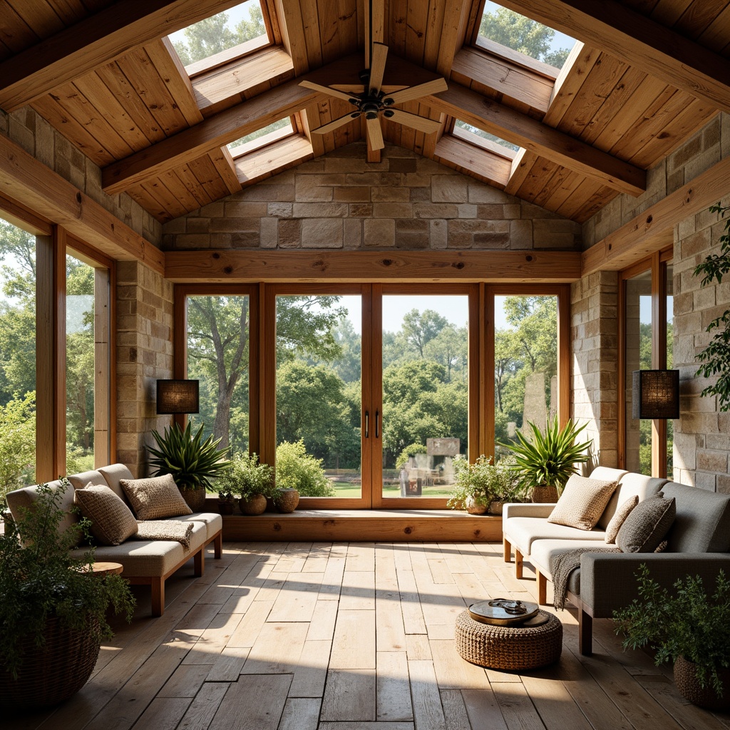 Prompt: Rustic sunroom, reclaimed wood beams, stone walls, earthy color palette, natural textures, wooden floorboards, large skylights, clerestory windows, sliding glass doors, minimal ornamentation, cozy nooks, plush furnishings, soft warm lighting, diffused sunlight, lush greenery, potted plants, natural stone flooring, wooden ceiling fans, woven textiles, vintage decorative accents, serene atmosphere, warm color tones, organic shapes, harmonious blend of nature and architecture.