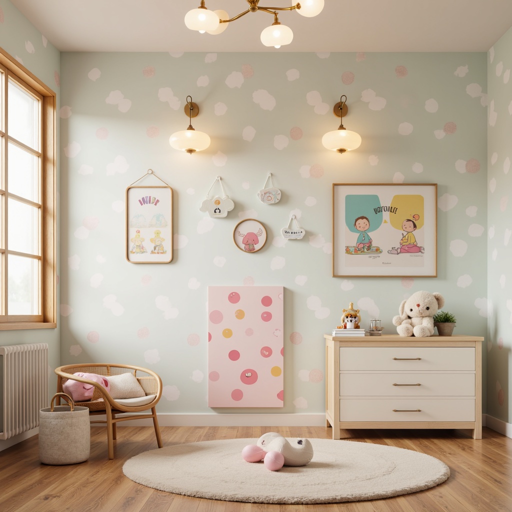 Prompt: Whimsical kid's room, soft pastel colors, playful polka dots, sweet nursery rhymes, cute cartoon characters, warm cozy atmosphere, stylish lighting fixtures, colorful glass shades, delicate metal frames, adjustable arm lamps, fun cloud-shaped sconces, gentle warm glow, 1/2 composition, shallow depth of field, soft focus, realistic textures.