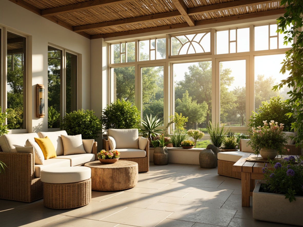 Prompt: Cozy sunroom, warm natural light, lush greenery, vibrant flowers, rattan furniture, plush cushions, soft pastel colors, creamy whites, gentle beiges, calming blues, sunny yellow accents, natural wood tones, stone flooring, large windows, glass doors, blooming plants, airy atmosphere, relaxed ambiance, warm golden lighting, shallow depth of field, 3/4 composition, panoramic view, realistic textures, ambient occlusion.