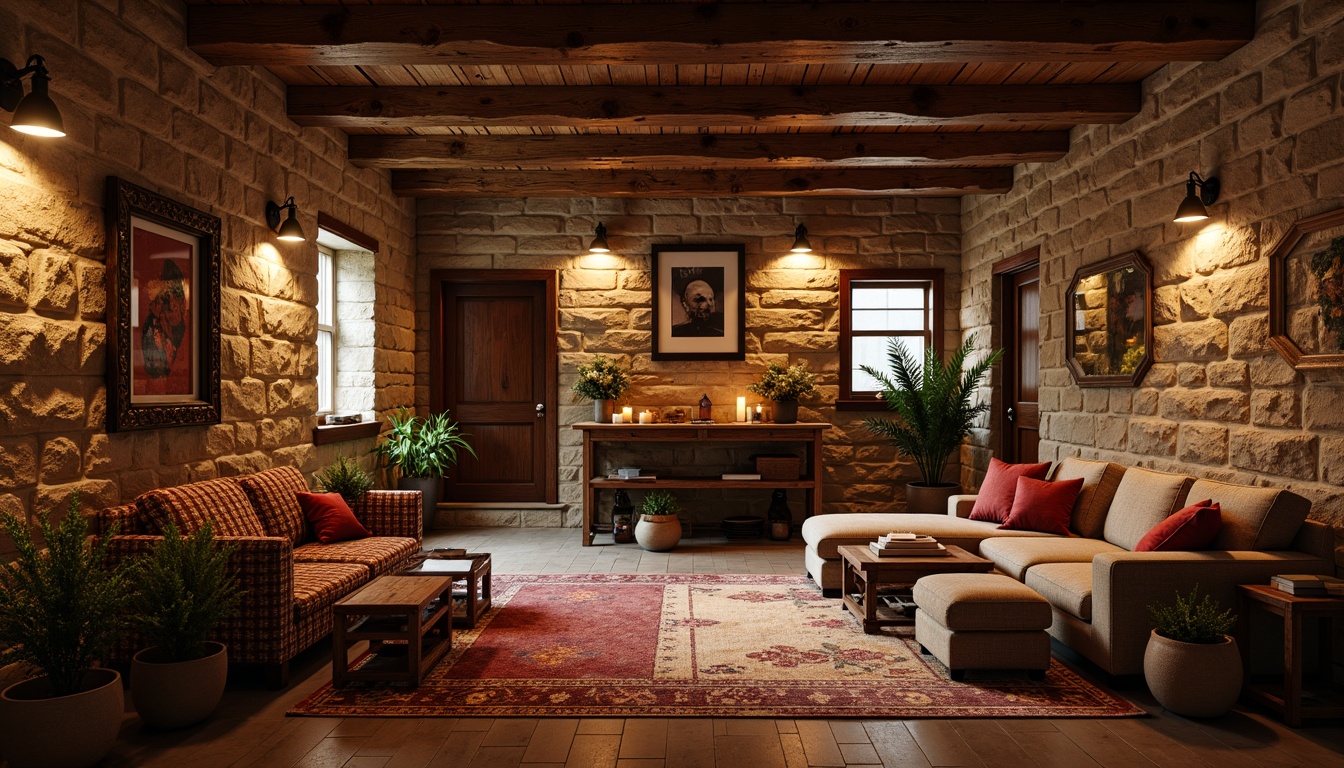 Prompt: Cozy basement, traditional stone walls, warm earthy tones, rustic wooden accents, vintage metal fixtures, distressed brick textures, soft warm lighting, shallow depth of field, 1/1 composition, realistic renderings, ambient occlusion, natural stonework, rough-hewn wood beams, plush area rugs, comfortable seating nooks, warm color palette, richly textured fabrics, ornate wooden furniture, classic decorative trims.