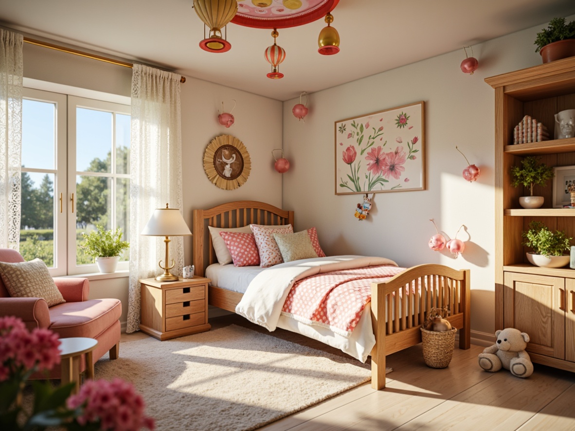 Prompt: Whimsical children's bedroom, fairy tale inspired decor, vibrant color scheme, playful polka dots, soft plush toys, delicate lace curtains, intricately carved wooden furniture, cozy reading nook, built-in bookshelves, whimsical wall murals, hot air balloon themed ceiling, creamy white walls, warm golden lighting, shallow depth of field, 1/1 composition, realistic textures, ambient occlusion.