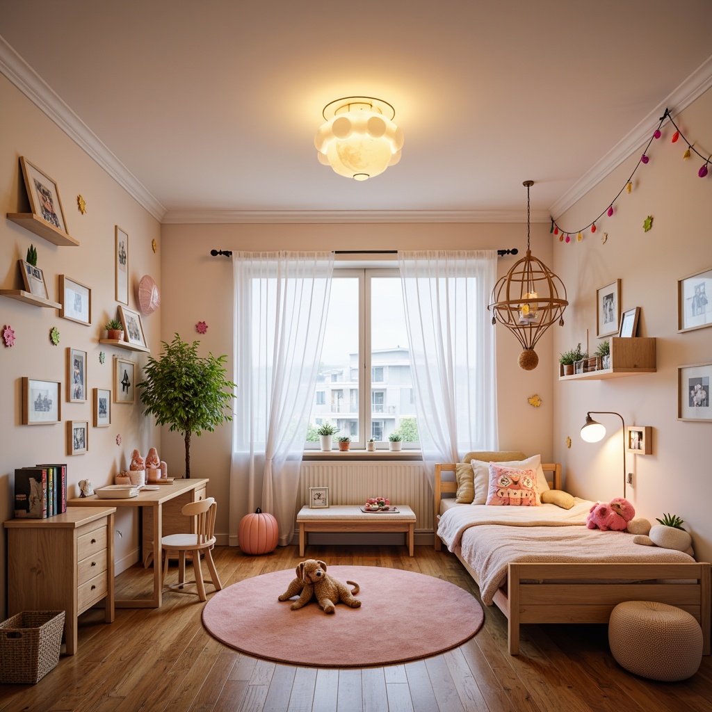 Prompt: Whimsical kids' room, soft pastel colors, playful cartoon characters, fun cloud-shaped lamp shades, colorful string lights, tiny starry nightlights, adorable animal-themed table lamps, curlycue-inspired ceiling fixtures, warm white LED lighting, cozy reading nooks, plush area rugs, vibrant wall decals, fantastical hot air balloon-inspired chandeliers, dreamy moon-phase decorations, gentle ambient glow.