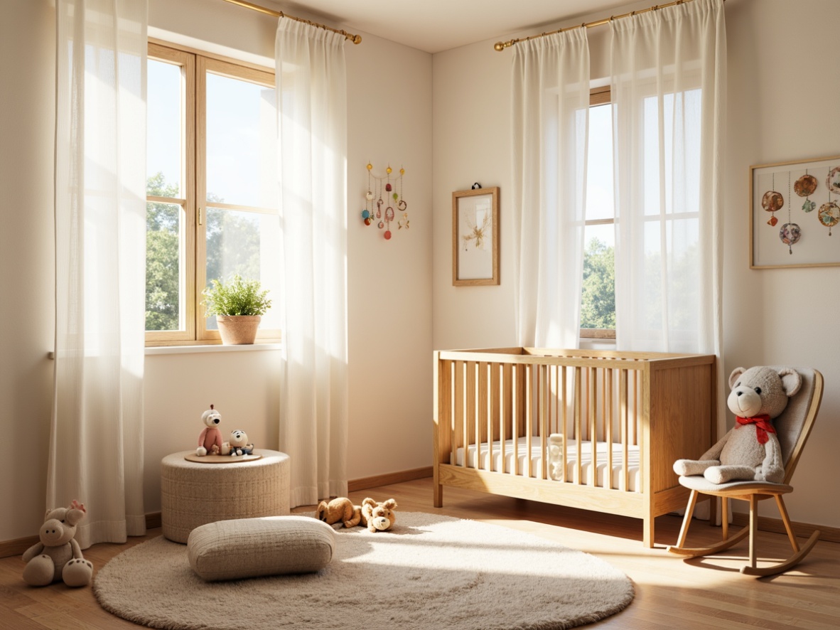 Prompt: Cozy baby room, soft warm lighting, creamy white walls, plush toys, wooden crib, gentle curves, pastel color palette, whimsical mobiles, sheer curtains, warm beige carpet, comfortable glider, natural wood accents, delicate patterns, soothing ambiance, subtle shadows, 1/1 composition, intimate mood, warm color temperature, softbox lighting.