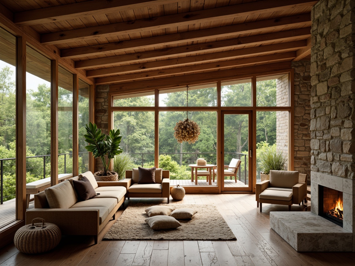 Prompt: Rustic sunroom, natural wood accents, earthy color palette, wooden beams, stone walls, cozy atmosphere, warm lighting, plush furnishings, reclaimed wood flooring, distressed textures, herringbone patterns, organic material selection, nature-inspired design elements, lush greenery views, soft diffused light, ambient shadows, 3/4 composition, rustic-chic aesthetic.