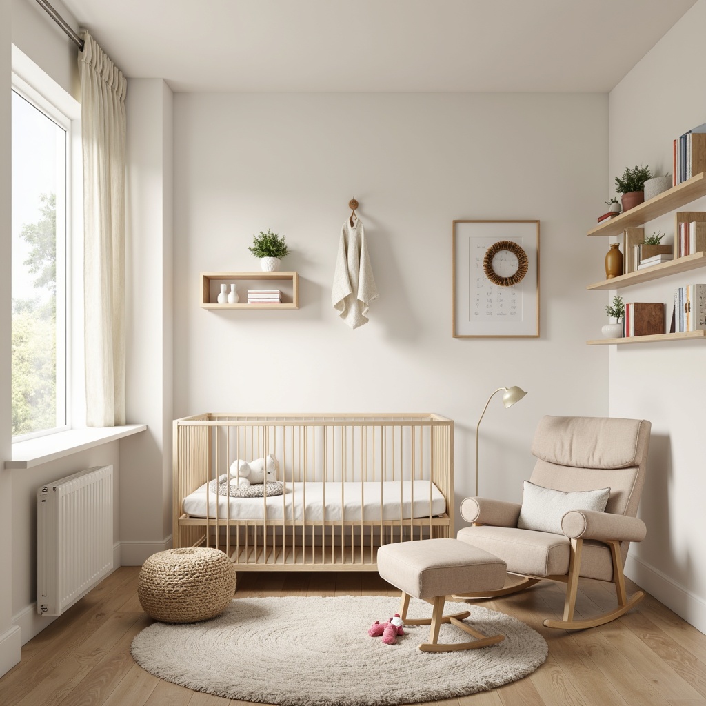 Prompt: Modern baby room, creamy white walls, soft pastel colors, plush area rug, minimalist crib, convertible changing table, ergonomic glider rocker, storage ottoman, circular mobile, wooden wall shelves, natural light pouring in, sheer curtains, gentle breeze, warm beige flooring, textured wallpaper, Scandinavian-inspired furniture, simple lines, rounded edges, cozy reading nook, floor lamp, softbox lighting, shallow depth of field, 1/1 composition, realistic textures, ambient occlusion.