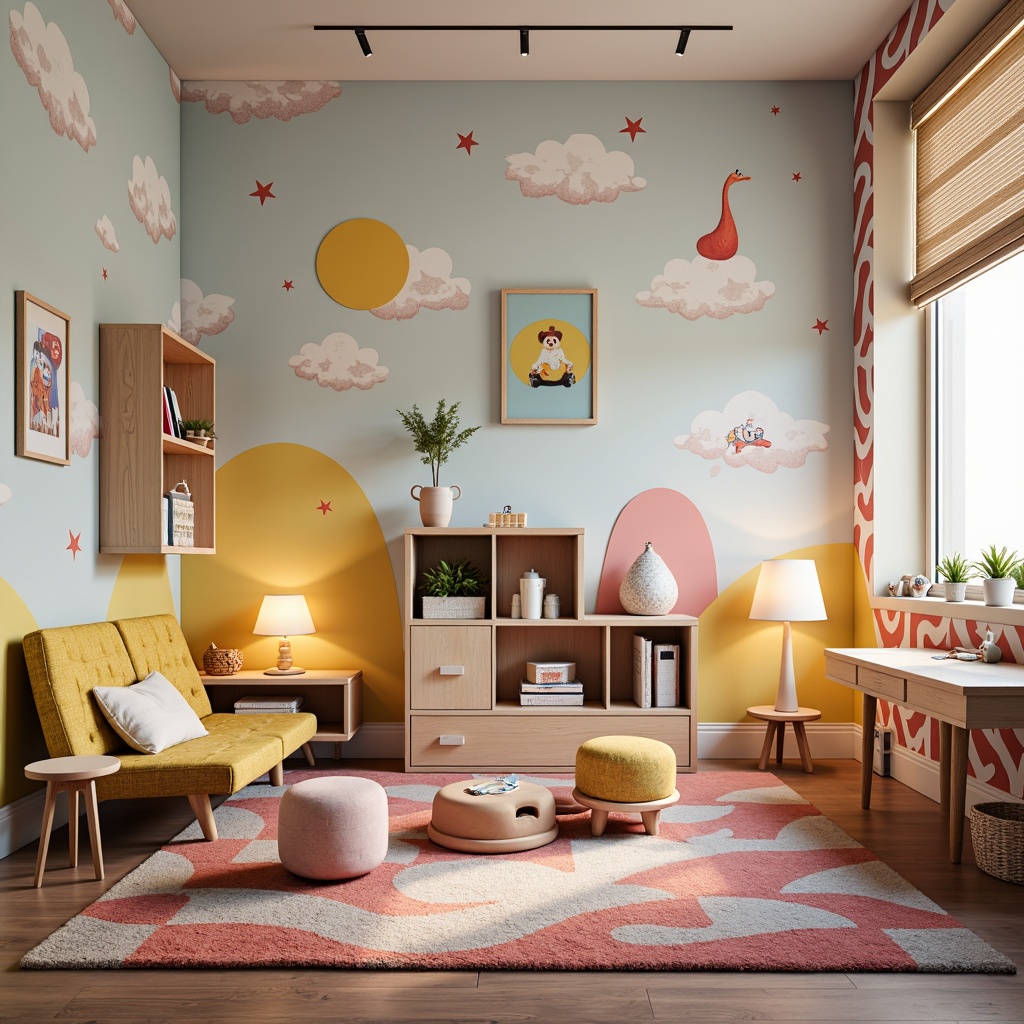 Prompt: Whimsical kids' room, colorful wallpaper, playful furniture, soft pastel hues, string lights, cloud-shaped lamps, cartoon character decals, cozy reading nooks, warm floor lamps, rounded edge tables, vibrant rug patterns, fairy tale-inspired murals, gentle overhead lighting, 1/1 composition, shallow depth of field, realistic textures.