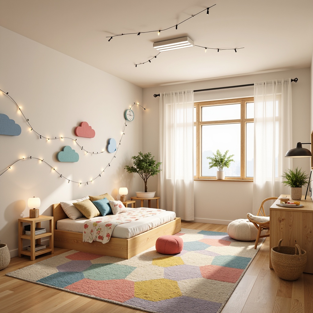 Prompt: Whimsical kids' room, soft pastel colors, gentle glow, string lights, cloud-shaped lampshades, cartoon character decals, playful polka dots, creamy white walls, wooden furniture, cozy reading nook, plush area rug, colorful throw pillows, fun geometric patterns, modern ceiling fixture, LED light strips, warm beige flooring, joyful atmosphere, 1/2 composition, softbox lighting, vibrant textures.