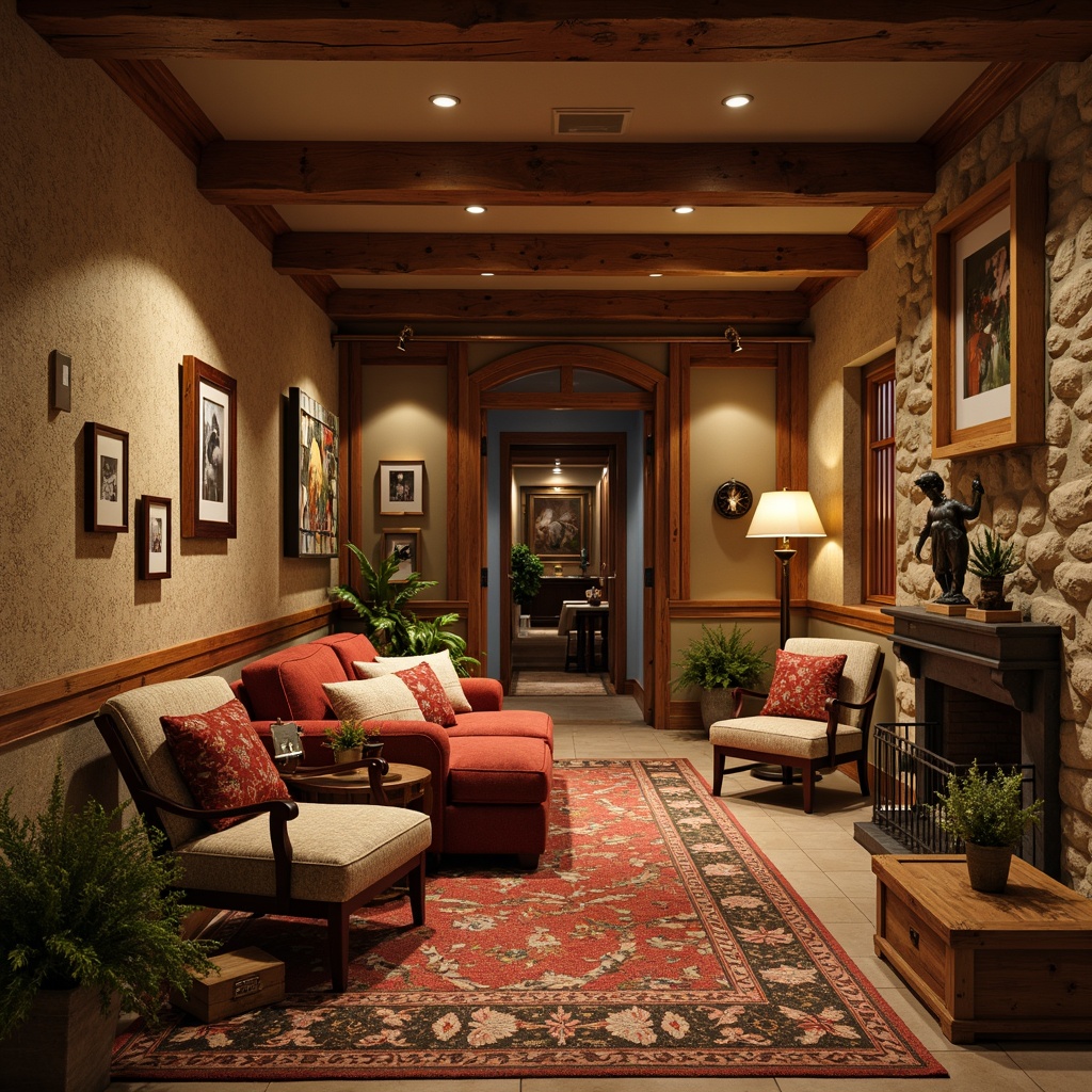 Prompt: Warm earthy tones, traditional basement atmosphere, rich wood accents, rustic stone walls, cozy furniture upholstery, soft warm lighting, vintage decorative items, distressed wooden crates, natural textiles, classic color schemes, nostalgic ambiance, warm beige walls, comfortable seating areas, ornate metal fixtures, elegant wooden trim, inviting fireplaces, refined elegance, subtle color contrasts, 1/1 composition, intimate atmosphere, realistic textures, ambient occlusion.