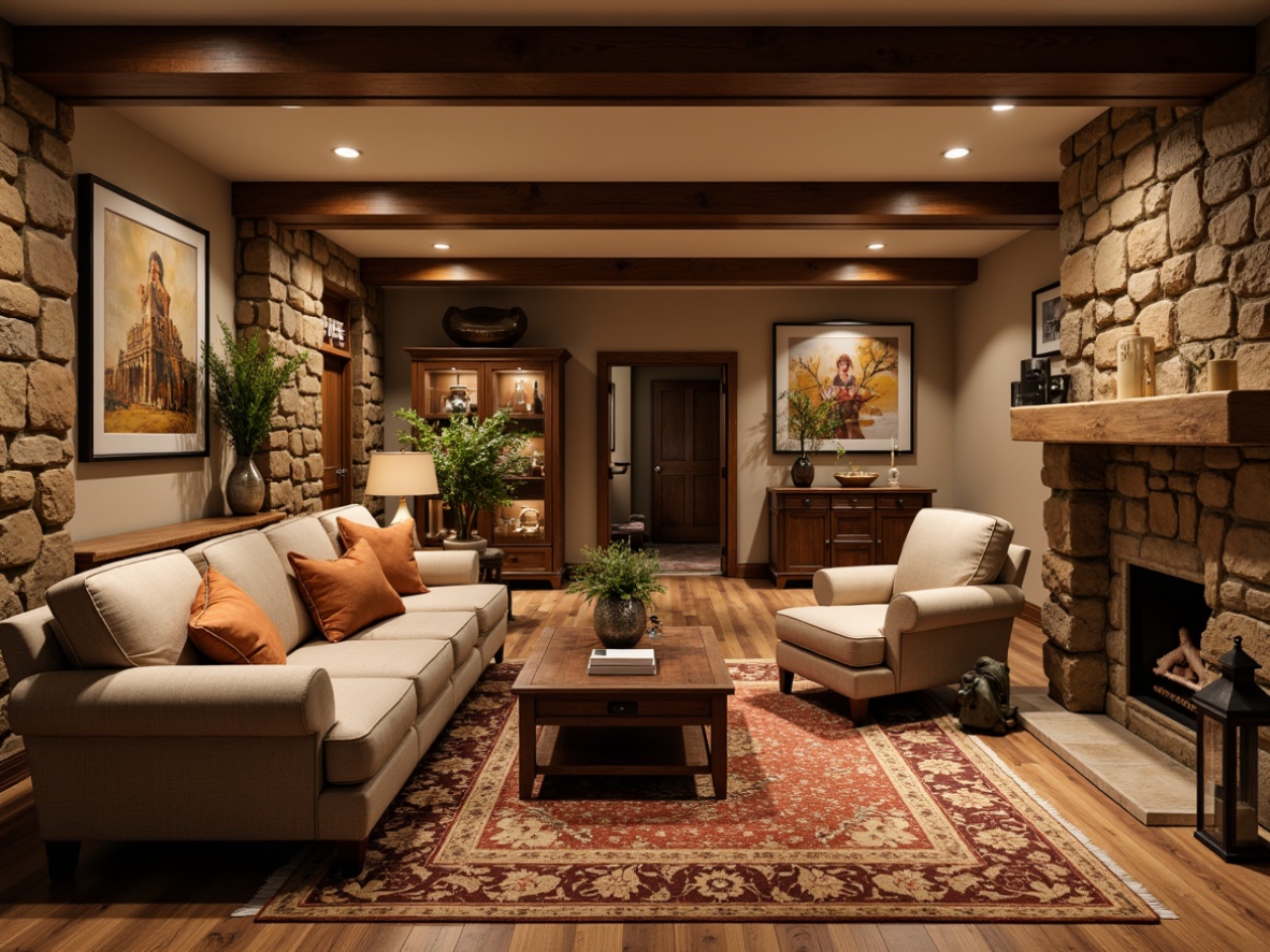 Prompt: Cozy basement, warm earthy tones, rich wood accents, plush area rugs, comfortable sofas, rustic coffee tables, vintage metal lanterns, natural stone walls, classic armchairs, ornate wooden cabinets, soft warm lighting, intimate seating areas, warm beige colors, traditional patterns, intricate moldings, textured fabrics, warm wood floors, rustic decorative accessories.