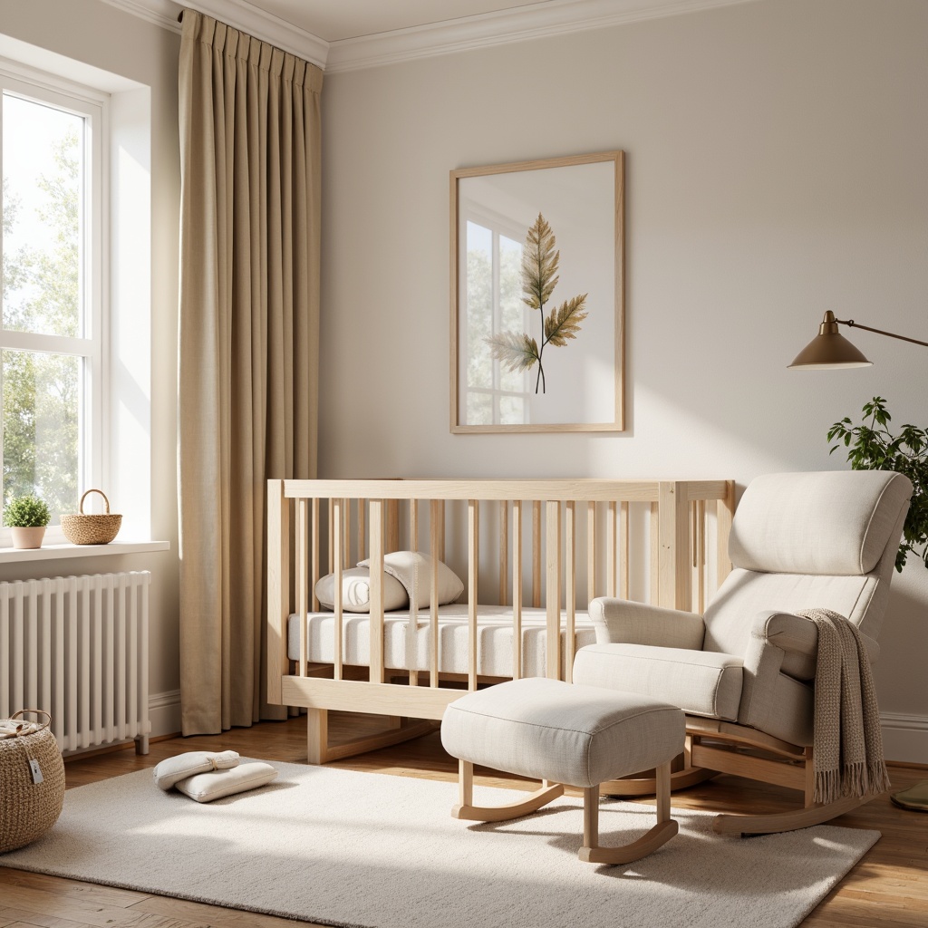 Prompt: Soft baby nursery, gentle pastel colors, plush area rug, comfortable glider rocker, calming wall art, serene nature-inspired wallpaper, warm beige curtains, cozy throw blankets, breathable cotton fabrics, smooth velvet textures, soothing cream tones, natural fiber upholstery, ergonomic crib design, tranquil ambiance, warm soft lighting, shallow depth of field, 1/1 composition.