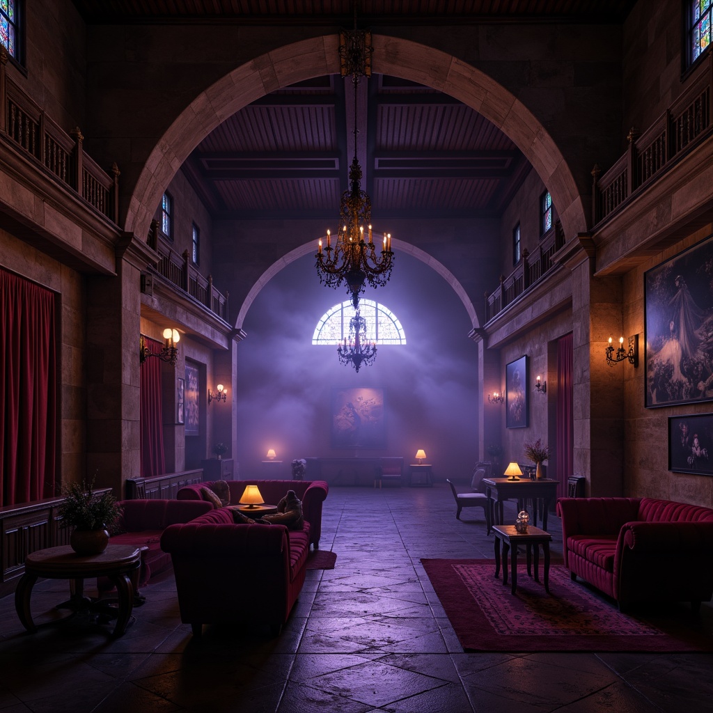 Prompt: Dark, mysterious ambiance, gothic arches, ornate details, lavish furnishings, dimly lit candles, rich velvet drapes, mysterious shadows, eerie fog, stone walls, medieval-inspired decor, weathered wooden accents, luxurious gold fixtures, bold red accents, dramatic black chandeliers, mystical purple hues, misty atmospheric lighting, high contrast composition, cinematic mood, realistic textures, ambient occlusion.