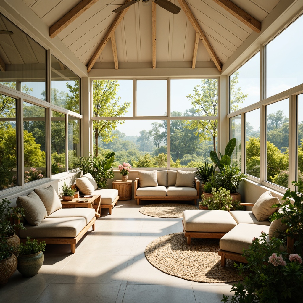 Prompt: Vibrant sunroom, warm natural light, soft pastel hues, creamy whites, gentle yellows, soothing blues, lush greenery, blooming flowers, rattan furniture, plush cushions, natural textiles, wooden accents, large windows, sliding glass doors, panoramic views, bright sunny day, gentle warm lighting, shallow depth of field, 3/4 composition, realistic textures, ambient occlusion.