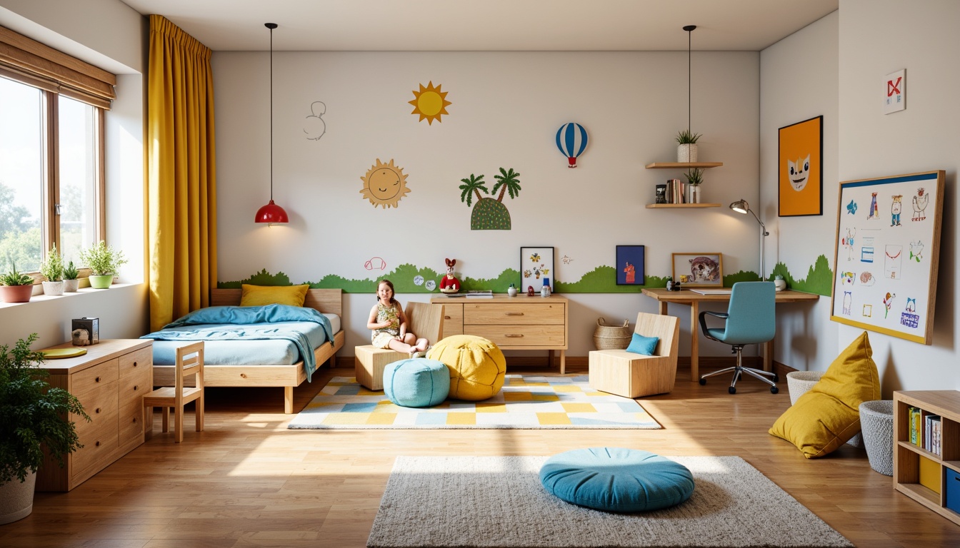 Prompt: Vibrant kids' bedroom, whimsical wall decals, bright colorful furniture, soft plush carpets, minimalist modern design, sleek low-profile beds, sturdy wooden desks, ergonomic chairs, interactive smart boards, fun geometric shapes, playful textile patterns, cozy reading nooks, warm soft lighting, shallow depth of field, 1/1 composition, realistic textures, ambient occlusion.