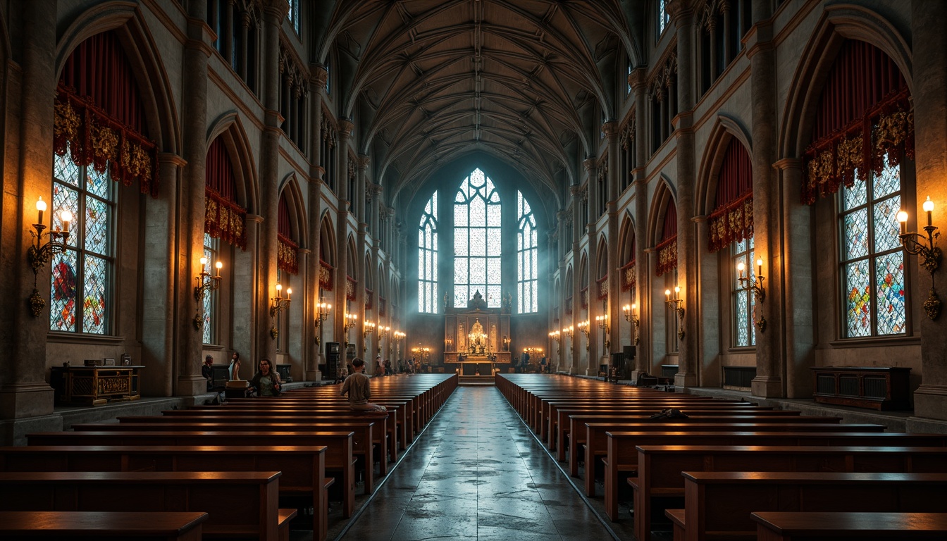 Prompt: Intricate stone carvings, grandiose cathedral ceilings, ornate stained glass windows, majestic wooden pews, lavish velvet drapes, golden metalwork accents, mystical candlelit ambiance, mysterious foggy atmosphere, dramatic chiaroscuro lighting, 1/1 composition, symmetrical framing, rich textures, ambient occlusion.