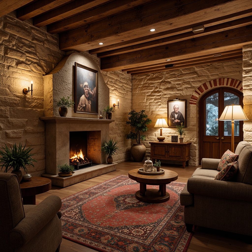 Prompt: \Rustic basement, traditional stone walls, earthy tones, warm ambient lighting, natural textures, wooden accents, cozy atmosphere, vintage decorations, distressed finishes, ornate metalwork, rich wood paneling, comfortable seating areas, soft warm carpeting, classic brick archways, elegant chandeliers, subtle color palette, inviting fireplace, dramatic ceiling height, 1/2 composition, soft focus, warm color grading.\Let me know if you need any adjustments!