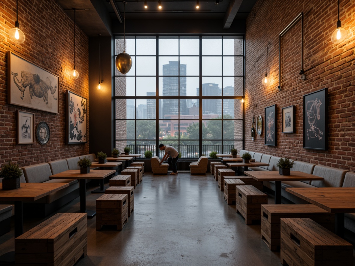 Prompt: Exposed brick walls, distressed wood planks, metal grid panels, reclaimed wooden crates, industrial-style signage, vintage machinery parts, Edison bulb lighting, urban cityscape views, concrete floors, minimalist decor, monochromatic color scheme, abstract artwork, geometric patterns, rough-textured finishes, atmospheric foggy lighting, low-angle photography, 2/3 composition, cinematic mood.