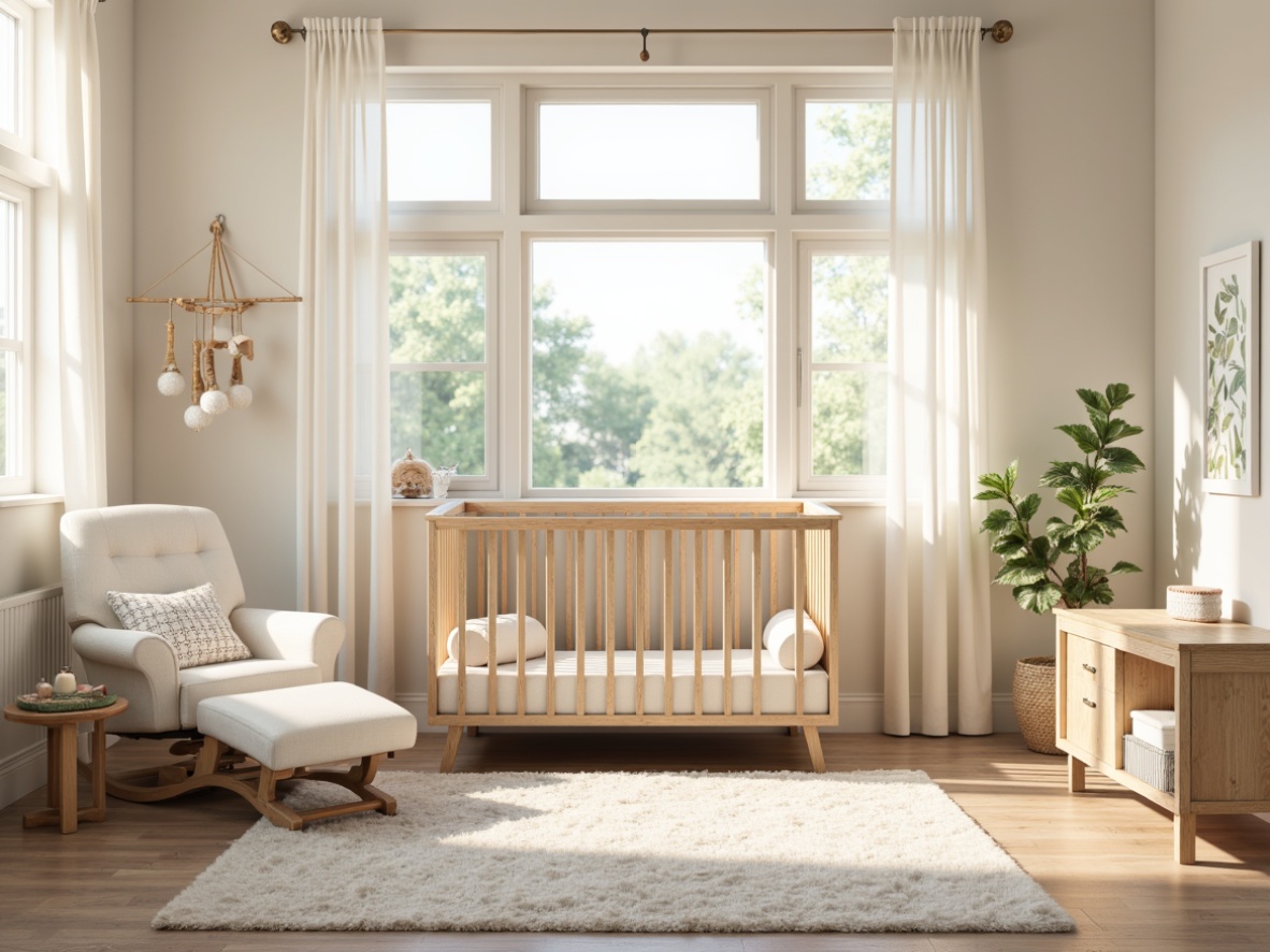 Prompt: Cozy baby nursery, plush area rug, soft pastel colors, gentle cream walls, warm wooden crib, comfortable glider chair, soothing mobiles, calming wall art, natural fiber textiles, breathable cotton fabrics, hypoallergenic materials, subtle patterns, delicate florals, creamy whites, pale blues, serene ambiance, warm afternoon lighting, shallow depth of field, 1/1 composition, realistic textures, ambient occlusion.