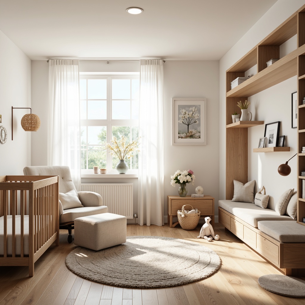 Prompt: Modern baby room, soft pastel colors, gentle wood tones, plush area rug, minimalist crib, convertible furniture, storage ottoman, comfortable glider, natural light, sheer curtains, white walls, wooden flooring, calming ambiance, warm beige accents, circular mobile, soft toys, cozy reading nook, built-in shelves, hidden storage, 1/2 composition, softbox lighting, shallow depth of field, realistic textures.