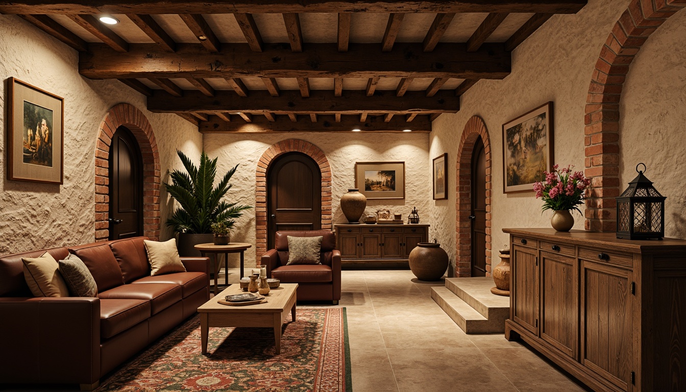 Prompt: Rustic basement, traditional stone walls, rough-hewn wooden beams, warm earthy tones, natural textures, cozy intimate atmosphere, soft warm lighting, vintage metal lanterns, distressed wood accents, classic brick archways, ornate wooden moldings, rich leather upholstery, plush area rugs, earthy ceramic vases, traditional oil paintings, warm beige colors, 3/4 composition, shallow depth of field, realistic stone textures.