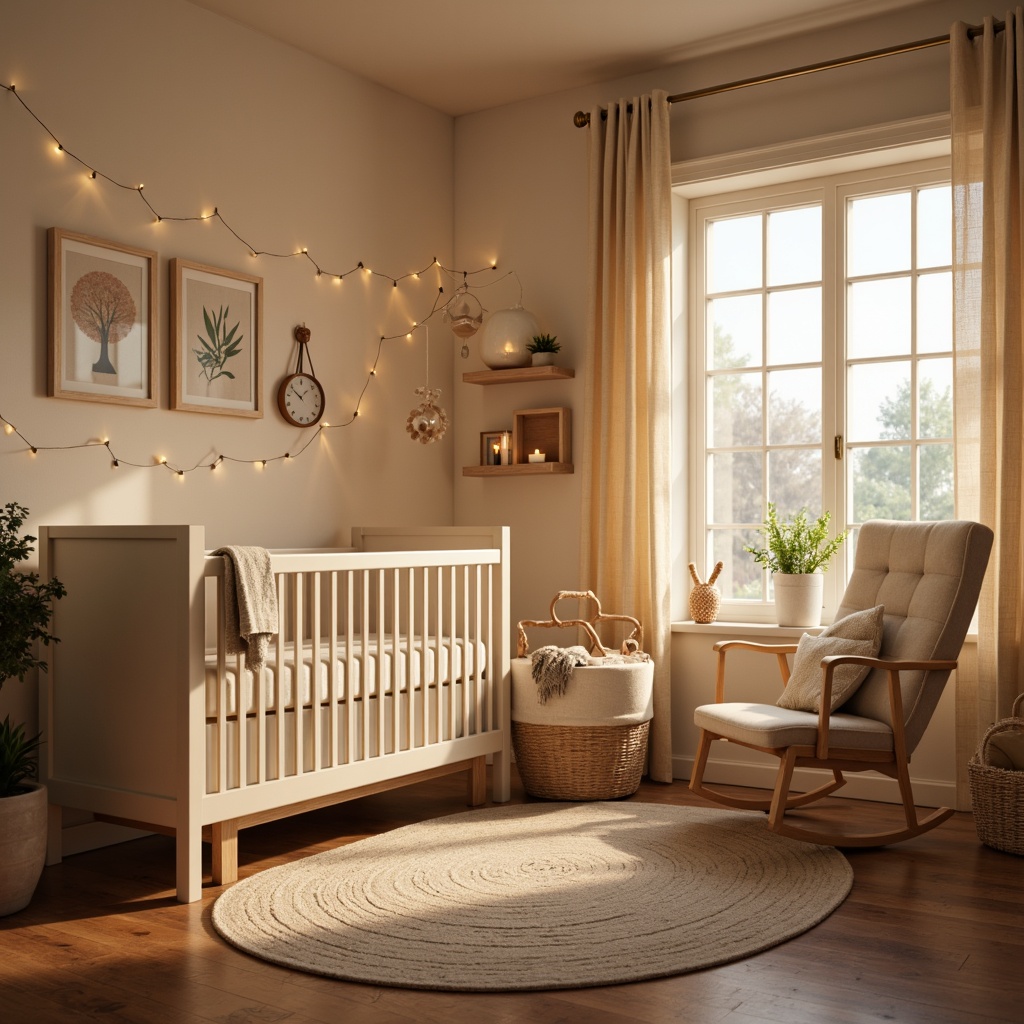 Prompt: Warm baby nursery, soft pastel colors, gentle candlelight, delicate string lights, creamy white furniture, plush area rug, comfortable glider chair, soothing mobiles, adorable wall art, natural wood accents, calming greenery, warm beige curtains, cozy reading nook, relaxing ambient lighting, shallow depth of field, 1/2 composition, intimate atmosphere, soft focus, warm color palette.