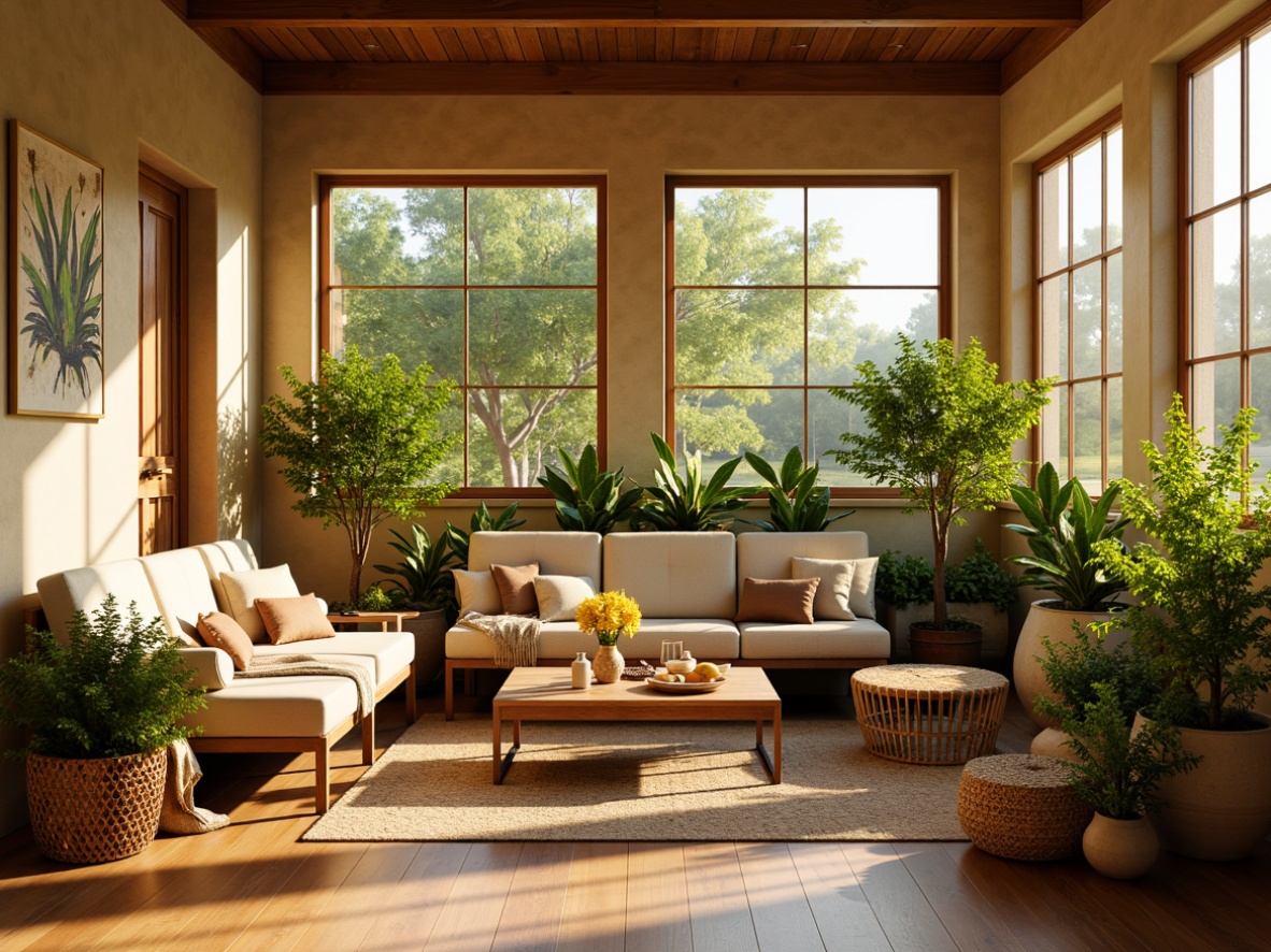 Prompt: Cozy sunroom, warm beige walls, soft golden lighting, plush furniture, vibrant greenery, natural textiles, woven baskets, rattan accents, earthy terracotta pots, lush ferns, bright yellow flowers, serene ambiance, warm sunny day, gentle shadows, 1/2 composition, soft focus, realistic textures, ambient occlusion.