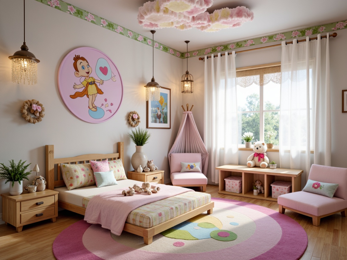 Prompt: Whimsical kids' bedroom, fairy tale characters, pastel colors, soft plush toys, wooden furniture, floral patterns, delicate lace curtains, cozy reading nooks, colorful rug, stuffed animals, creative wall decals, sparkly chandeliers, dreamy cloud-shaped ceiling, vibrant artwork, playful storage bins, kid-friendly textiles, fantastical theme-based decor, lively polka dots, sweet gentle lighting, shallow depth of field, 1/1 composition, intimate atmosphere.