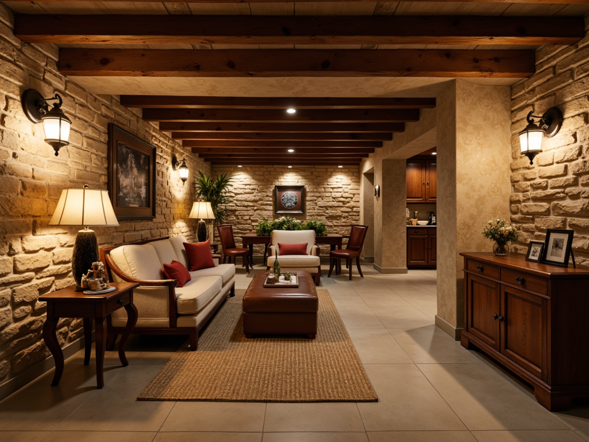 Prompt: Cozy basement, traditional stone walls, warm wood accents, rustic metal fixtures, soft warm lighting, table lamps, floor lamps, pendant lights, recessed ceiling lights, dimmable LED strips, warm beige color palette, earthy tone textiles, natural fiber rugs, wooden furniture, vintage decorative items, classic architectural details, ornate moldings, comfortable seating areas, intimate ambient atmosphere, 1/1 composition, softbox lighting, subtle shadows, realistic textures.