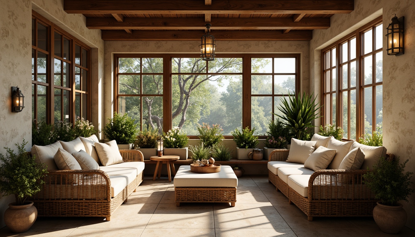 Prompt: Cozy sunroom, natural stone walls, wooden beam ceiling, vintage windows, rattan furniture, plush cushions, earthy color palette, woven textiles, distressed wood accents, lantern-style lighting, potted plants, nature-inspired decor, warm ambient glow, softbox lighting, shallow depth of field, 1/1 composition, intimate atmosphere.