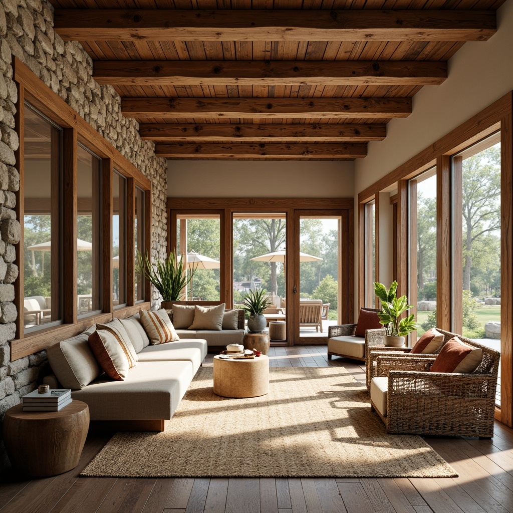 Prompt: Rustic sunroom, reclaimed wood accents, natural stone walls, earthy color palette, wooden ceiling beams, large windows, sliding glass doors, comfortable seating area, woven textiles, jute rug, hardwood flooring, distressed wood planks, weathered wooden boards, warm cozy ambiance, soft diffused lighting, 3/4 composition, shallow depth of field, realistic textures, ambient occlusion.