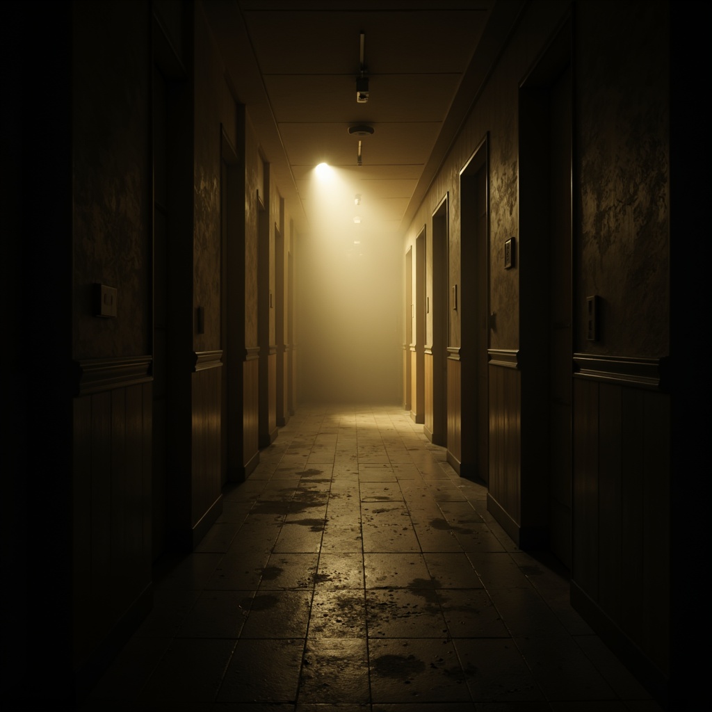 Prompt: Dimly lit corridors, mysterious shadows, intense spotlights, dramatic chiaroscuro, eerie fog effects, moody color palette, warm golden tones, cool blue hues, high contrast ratio, cinematic lighting design, low-key illumination, subtle gradient transitions, atmospheric mist, volumetric lighting, 3-point lighting setup, shallow depth of field, narrow aperture, cinematic composition, symmetrical framing, dramatic camera angles.