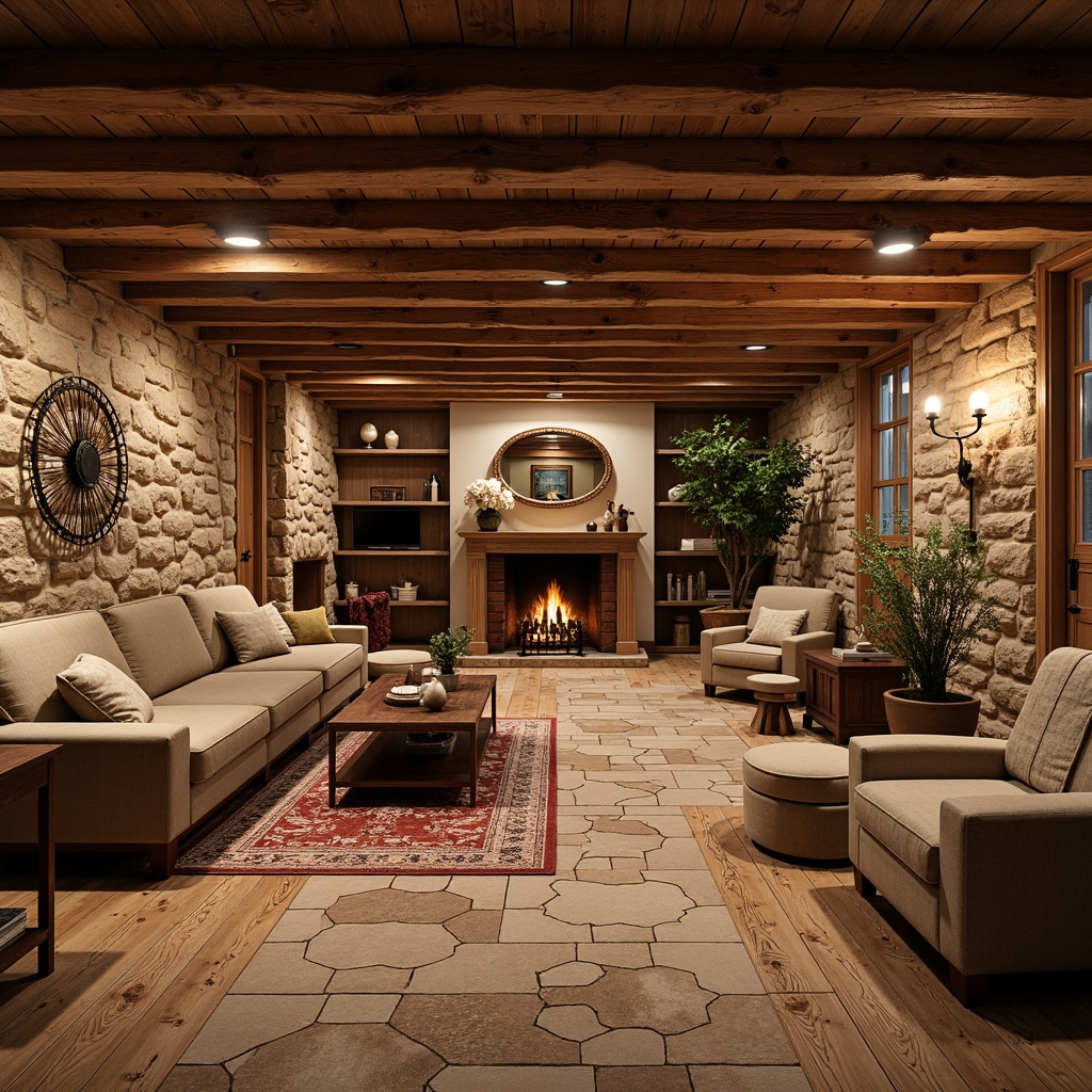 Prompt: Cozy basement, traditional decor, warm wood tones, rustic stone walls, plush area rugs, vintage furniture pieces, ornate metal accents, soft warm lighting, unique flooring patterns, reclaimed hardwood planks, herringbone layouts, hexagonal tile arrangements, distressed finishes, earthy color palette, natural textiles, comfortable seating areas, built-in shelving units, wooden beam ceilings, classic interior design elements, relaxing ambiance.