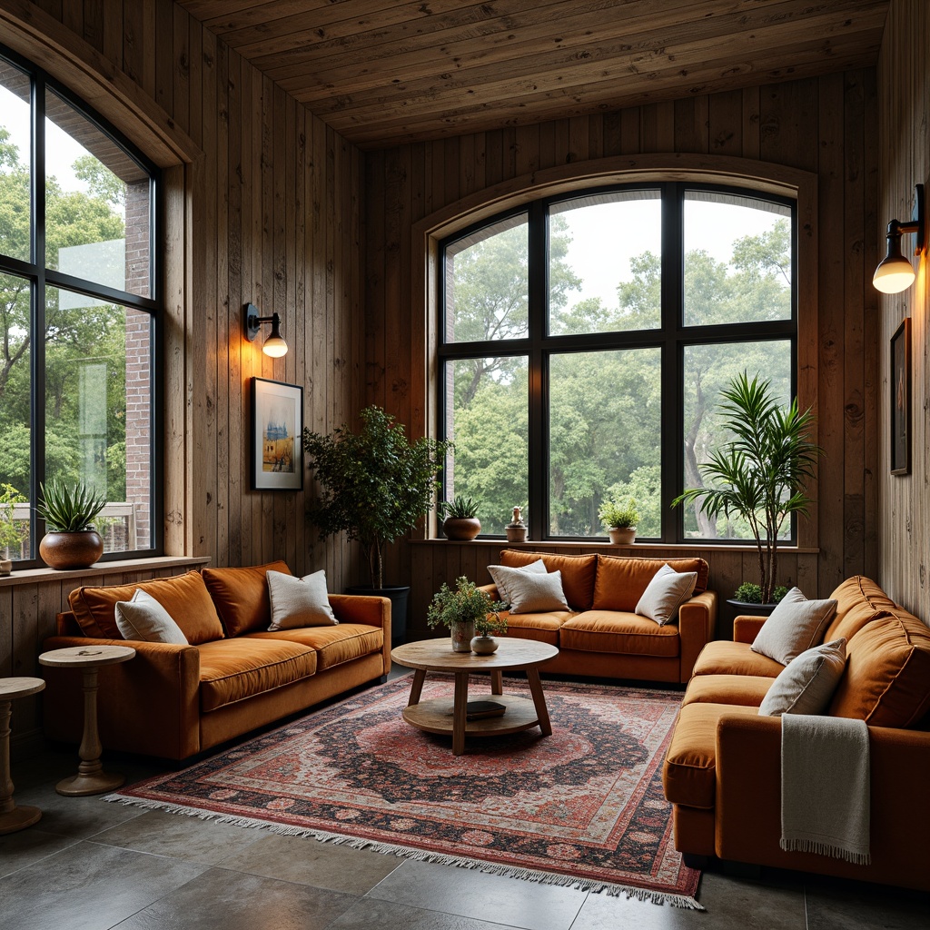 Prompt: Richly upholstered velvet sofas, distressed wood coffee tables, plush area rugs, industrial metal lighting fixtures, reclaimed wooden walls, natural stone flooring, earthy tone color palette, cozy reading nooks, oversized windows, abundant greenery, soft warm lighting, shallow depth of field, 3/4 composition, realistic textures, ambient occlusion.