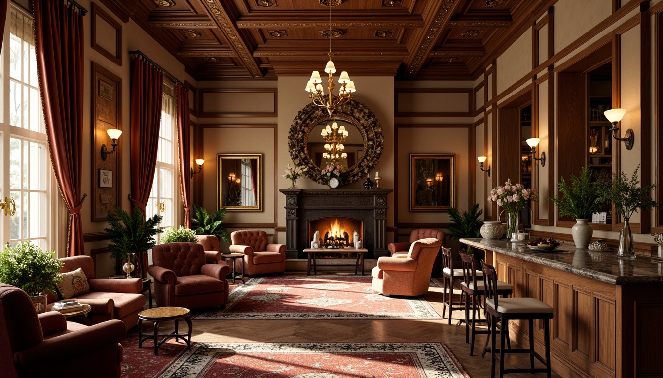 Prompt: Rich wood tones, ornate carvings, luxurious velvet upholstery, antique bronze hardware, tufted leather armchairs, wooden bar stools, granite countertops, warm ambient lighting, crystal chandeliers, ornamental mirrors, classic cocktail tables, patterned area rugs, warm beige walls, dark wood cabinetry, vintage wine barrels, rustic stone fireplaces, cozy reading nooks, intimate seating arrangements, soft golden lighting, 1/1 composition, realistic textures.