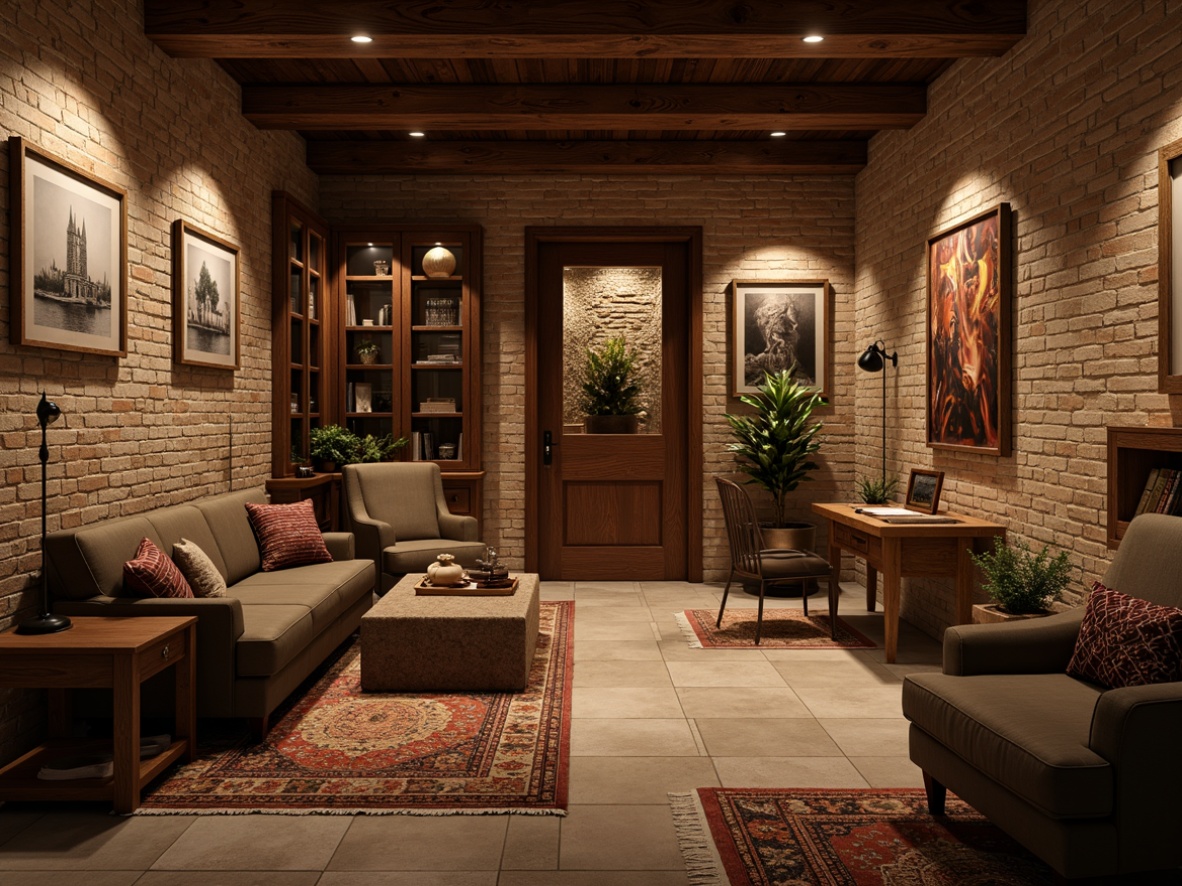 Prompt: Cozy basement atmosphere, warm earthy tones, traditional stone walls, rustic wood accents, richly textured brick patterns, soft warm lighting, comfortable seating areas, plush carpets, classic wooden furniture, ornate metal fixtures, vintage decorative items, natural fiber rugs, distressed wood finishes, subtle color palette, inviting reading nooks, 3/4 composition, shallow depth of field, realistic textures, ambient occlusion.