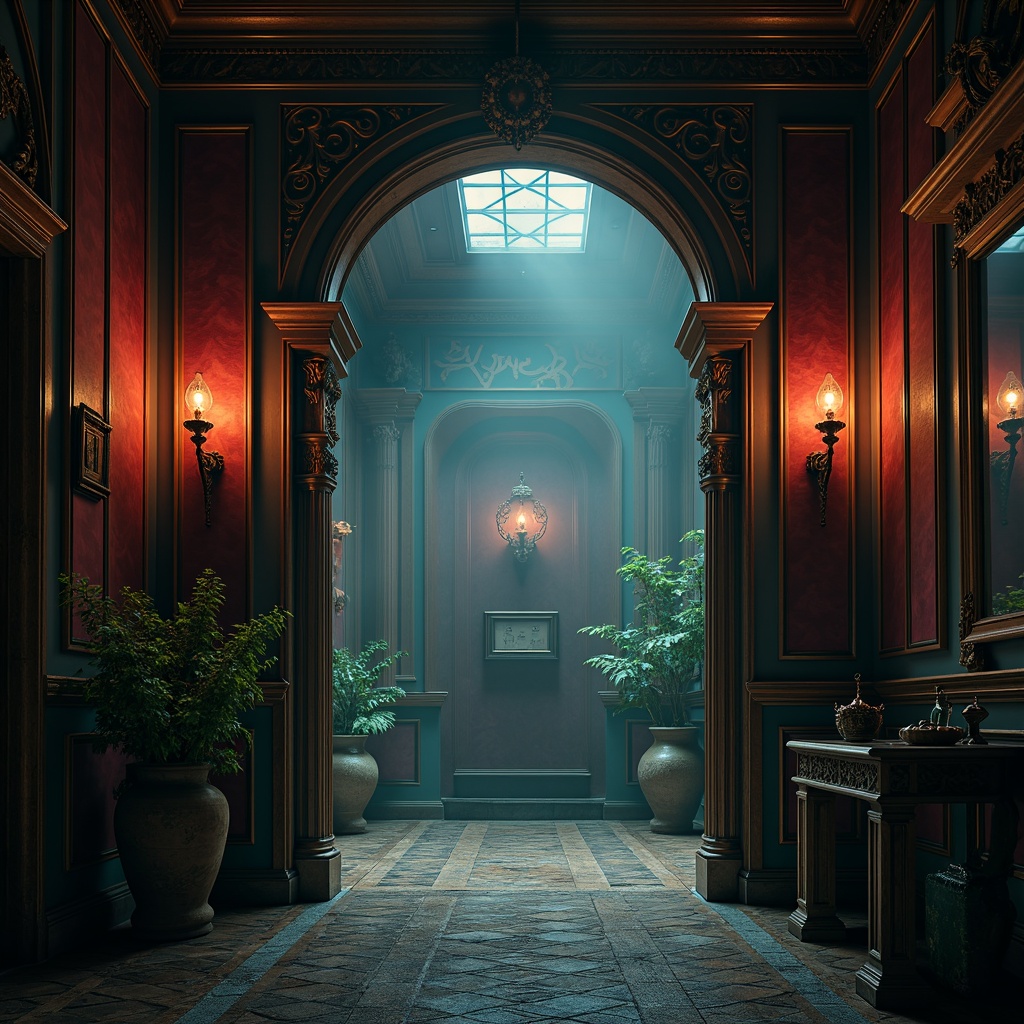 Prompt: Dark mysterious ambiance, rich velvety textures, ornate fixtures, mystical symbolisms, grandiose archways, dramatic lighting effects, midnight blue walls, crimson red accents, emerald green highlights, luxurious gold trims, weathered stone floors, intricate wooden carvings, ornamental metalwork, foggy mirrors, mysterious candlelight, cinematic shadows, 1/2 composition, low-key illumination, atmospheric mist.