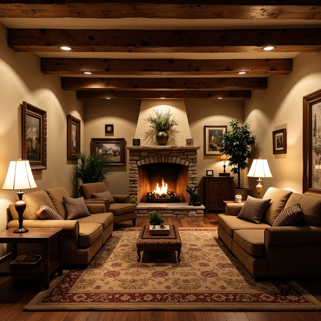 Prompt: Cozy basement, traditional decor, warm beige walls, dark wood accents, soft warm lighting, table lamps, floor lamps, pendant lights, metal shades, rustic wooden beams, stone fireplaces, comfortable seating areas, plush carpets, rich fabric upholstery, vintage decorative items, classic artwork, warm color palette, inviting atmosphere, subtle shadows, soft focus, 1/2 composition, realistic textures, ambient occlusion.