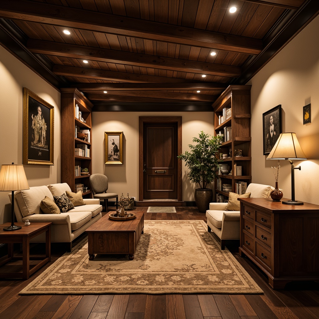 Prompt: Cozy basement, traditional d\u00e9cor, warm beige walls, dark wood accents, vintage furniture, rustic metal fixtures, soft warm lighting, table lamps, floor lamps, recessed lighting, pendant lights, warm white color temperature, 2700K-3000K lighting range, comfortable reading nook, plush area rugs, natural stone flooring, wooden ceiling beams, classic ornate details, rich wood tones, inviting atmosphere, relaxing ambiance, soft shadows, subtle light transitions.