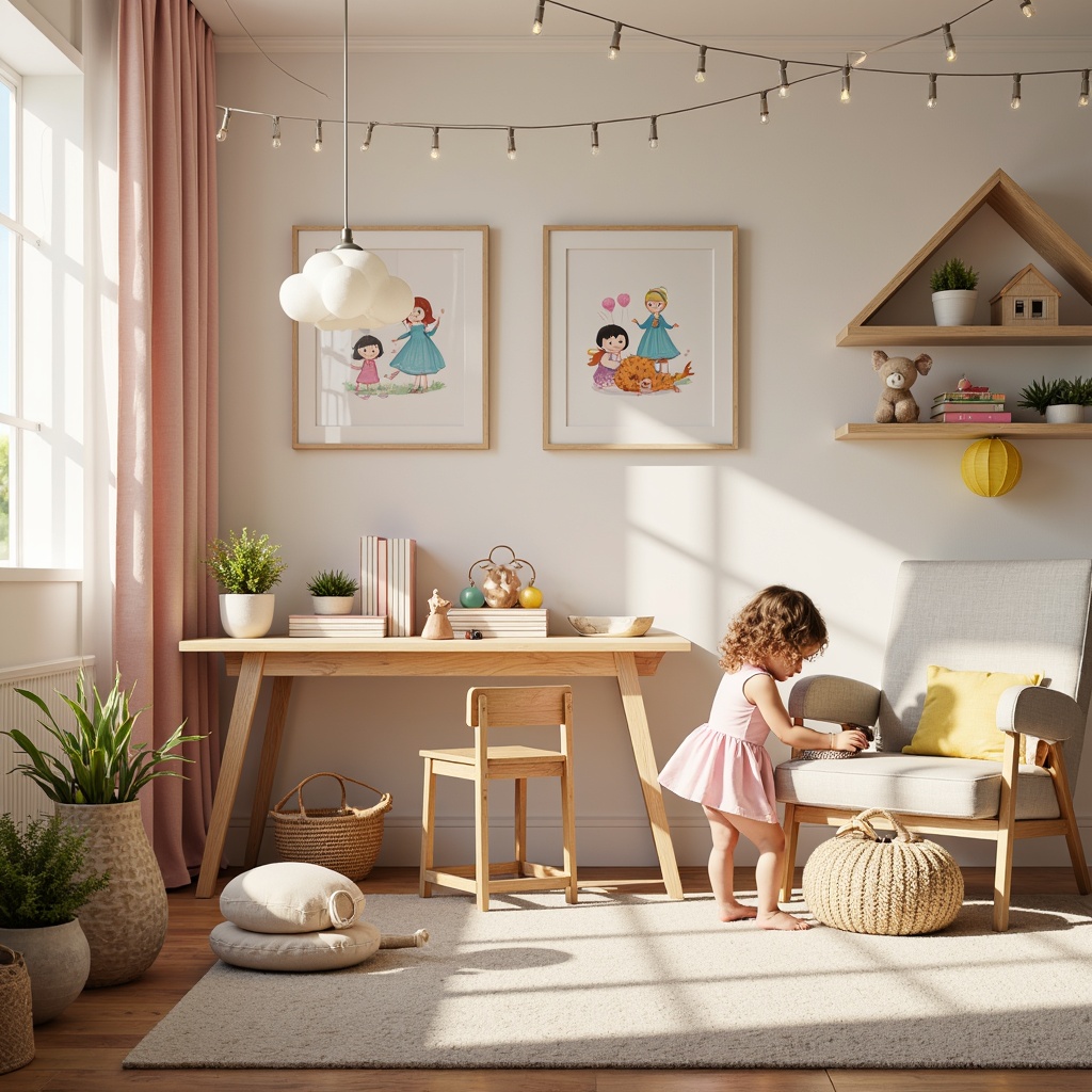 Prompt: Whimsical kids' room, colorful furniture, playful decor, string lights, paper lanterns, cloud-shaped lamp shades, soft pastel hues, warm white lighting, cozy reading nook, plush area rug, wooden wall shelves, framed fairy tale prints, cute cartoon characters, fantastical creatures, dreamy atmosphere, gentle glow, 1/2 composition, soft focus, creamy textures.