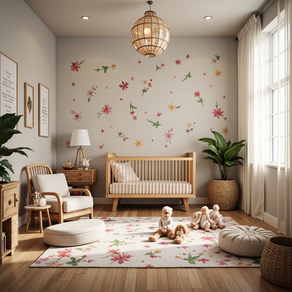 Prompt: Whimsical nursery, soft pastel colors, delicate floral patterns, plush toys, wooden cribs, colorful mobiles, fairy lights, sheer curtains, comfortable reading nooks, vibrant wall art, playful rugs, kid-friendly furniture, storage baskets, educational decorations, inspirational quotes, natural wood accents, warm cozy atmosphere, gentle lighting, shallow depth of field, 1/2 composition, intimate view, realistic textures.