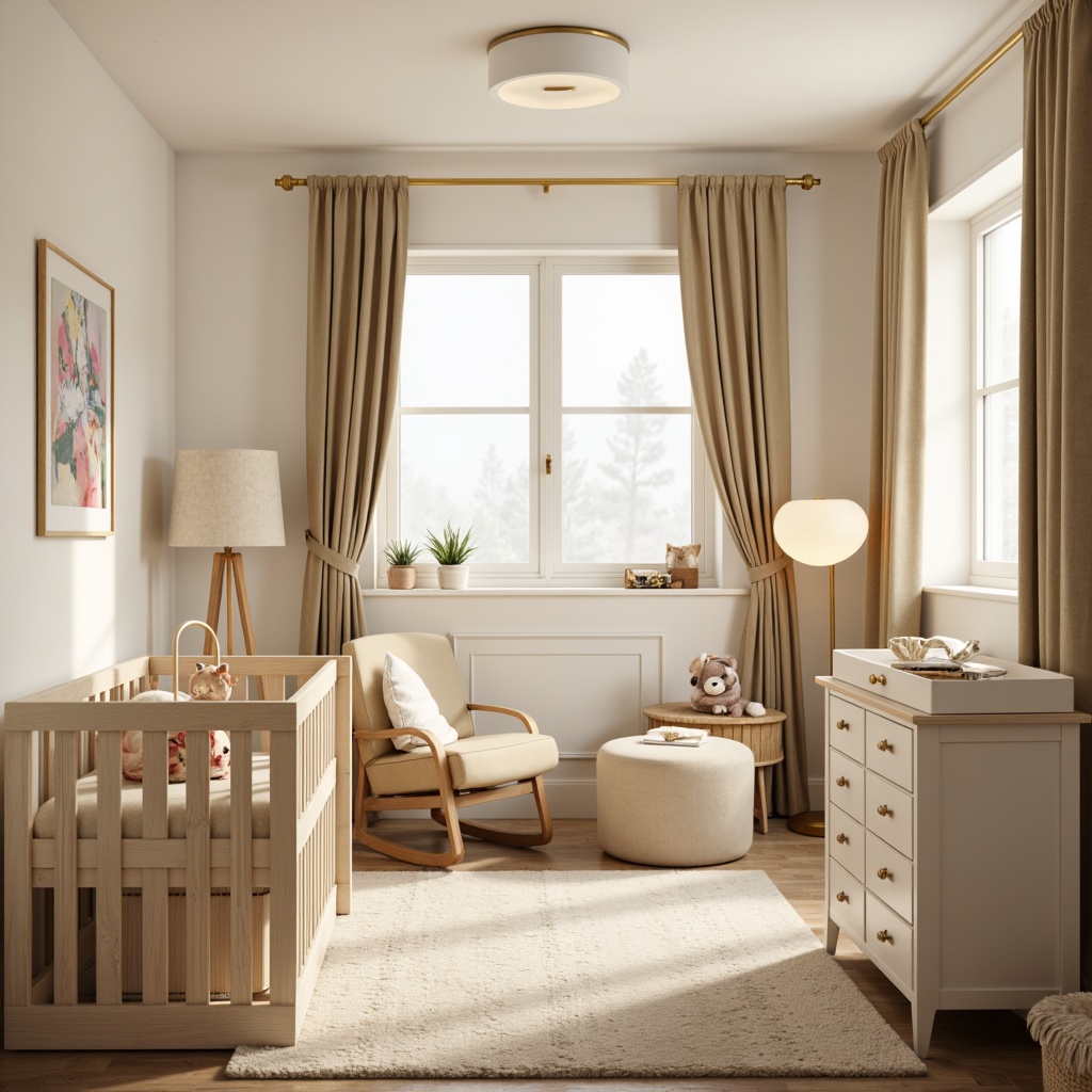 Prompt: Soft warm lighting, creamy white walls, gentle pastel colors, plush area rug, crib with delicate wooden details, mobile with soft toys, changing table with storage, comfortable glider chair, floor lamp with warm shade, table lamp with soft glow, wall sconce with gentle light, warm beige curtains, subtle texture patterns, cozy reading nook, inviting atmosphere, 1/1 composition, shallow depth of field, realistic textures, ambient occlusion.