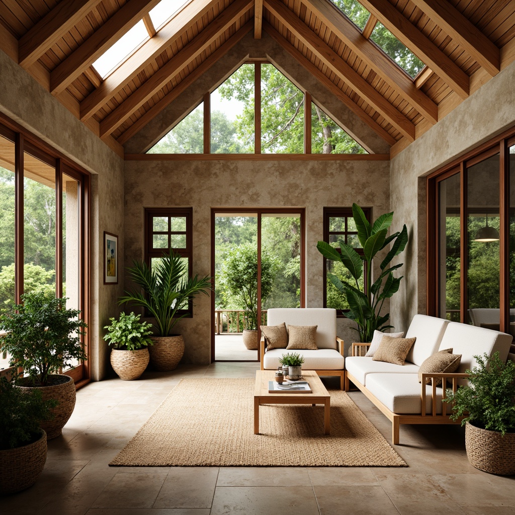 Prompt: Rustic sunroom, wooden beams, natural stone walls, earthy tone flooring, large skylights, clerestory windows, sliding glass doors, lush greenery, potted plants, woven rattan furniture, jute rugs, warm beige colors, soft diffused lighting, 1/1 composition, shallow depth of field, panoramic view, realistic textures, ambient occlusion.