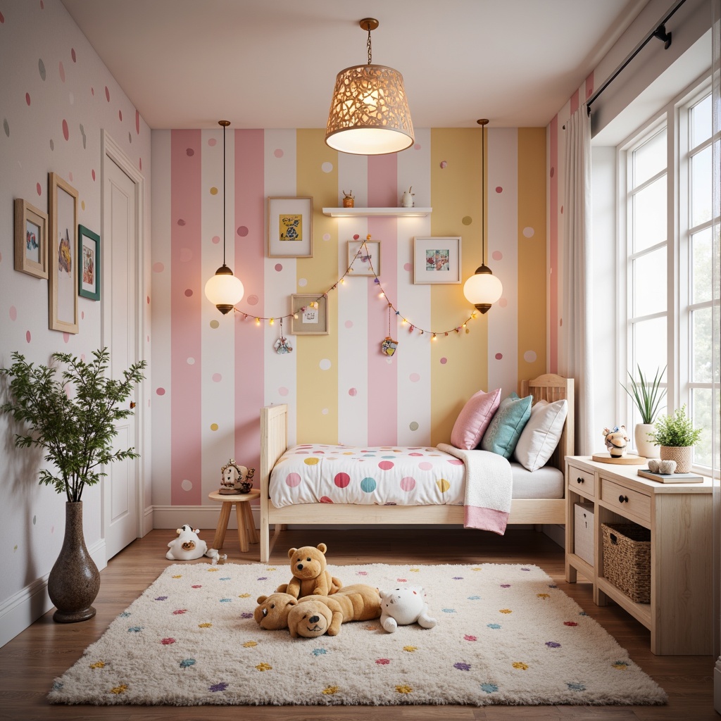 Prompt: Whimsical kids' bedroom, soft pastel colors, cartoon character decals, playful polka dots, fun striped walls, cozy reading nook, plush area rug, colorful ceiling lamp, modern chandelier, sleek metal fixtures, rounded pendant lights, adorable animal-shaped lamps, fairy string lights, warm glowing lanterns, gentle ambient lighting, 1/2 composition, shallow depth of field, realistic textures.