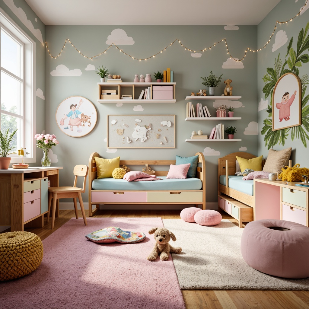 Prompt: Whimsical kid's bedroom, bright pastel colors, playful polka dots, soft plush carpets, sturdy wooden furniture, vibrant color-blocked storage units, curved lines, rounded edges, safety-focused design, ergonomic chairs, adjustable desks, interactive whiteboards, cozy reading nooks, oversized pillows, fantastical wall murals, magical string lights, warm ambient lighting, shallow depth of field, 1/1 composition, realistic textures, ambient occlusion.