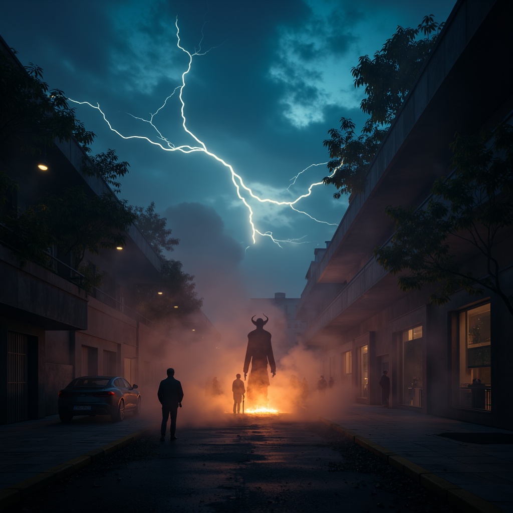 Prompt: Dramatic scene, intense spotlighting, deep shadows, low-key lighting, dark mysterious atmosphere, eerie fog, misty ambiance, vibrant colorful accents, high-contrast illumination, bold beam angles, narrow light beams, dramatic chiaroscuro, cinematic mood, suspenseful tension, ominous clouds, stormy weather, flashes of lightning, flickering torches, warm golden glow, cold blue tones.