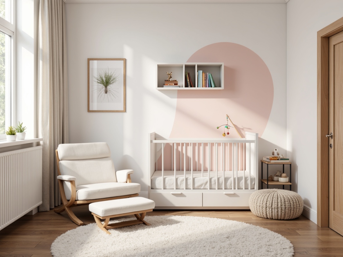 Prompt: Modern baby room, soft pastel colors, minimalist decor, crib with convertible functions, changing table with storage, comfortable glider rocker, plush area rug, gentle curved lines, natural wood accents, white furniture with metal legs, mobile with soft toys, floating shelves for books and toys, warm LED lighting, cozy reading nook, 1/1 composition, shallow depth of field, realistic textures, ambient occlusion.