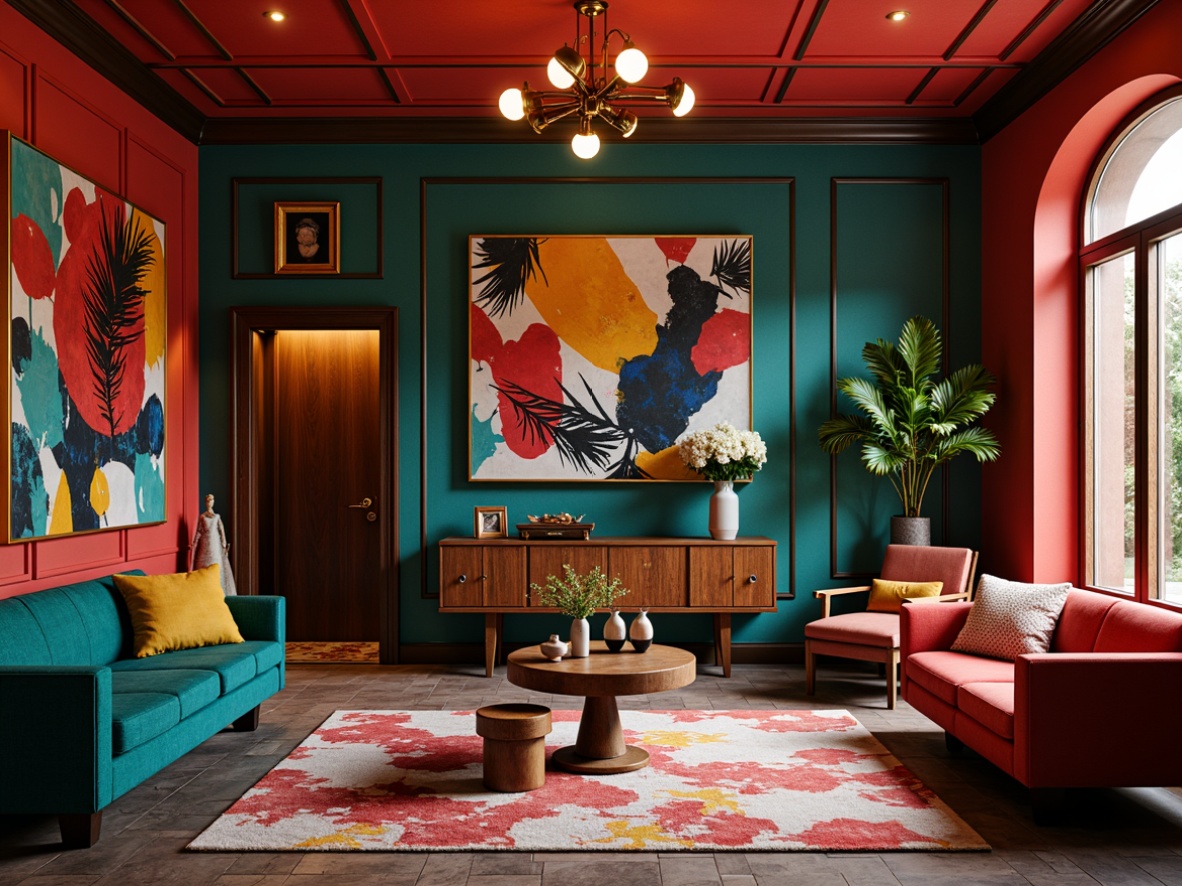 Prompt: Vibrant entryway, bold color blocking, expressive brushstroke patterns, warm golden lighting, rich turquoise accents, deep crimson walls, luxurious velvet furniture, ornate metal fixtures, eclectic decorative artifacts, abstract artwork, dynamic geometric shapes, bold black outlines, whimsical curved lines, plush area rugs, statement lighting fixtures, moody atmospheric shadows, cinematic composition, dramatic focal points.