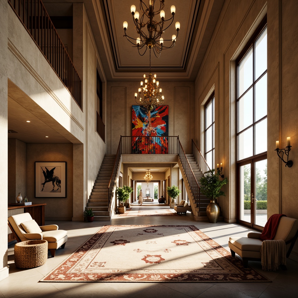 Prompt: Grand entrance hall, high ceilings, sweeping staircases, ornate chandeliers, rich wood paneling, luxurious textiles, vibrant colorful artwork, dramatic shadows, soft warm lighting, natural light pouring in, large windows, glass doors, abstract expressionist patterns, bold geometric shapes, eclectic furniture, plush rugs, statement pieces, artistic sculptures, warm beige tones, creamy whites, pops of bright colors.