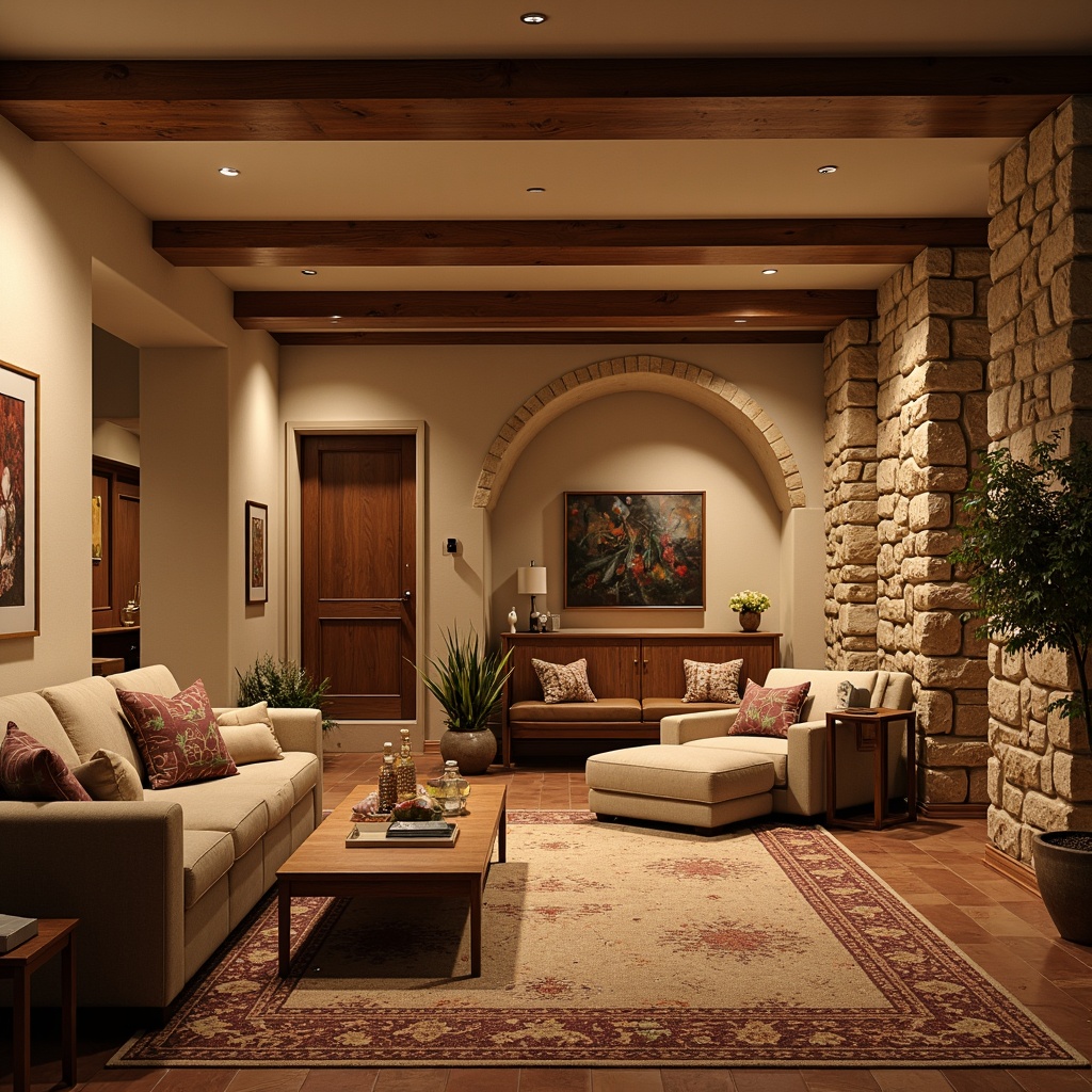 Prompt: Cozy basement, traditional style, warm beige walls, rustic stone treatments, earthy terracotta accents, natural wood beams, soft warm lighting, comfortable seating areas, plush furnishings, rich textiles, vintage decorative items, classic furniture pieces, distressed wood finishes, elegant moldings, subtle color palette, inviting atmosphere, relaxed ambiance, warm neutral tones, horizontal composition, shallow depth of field.