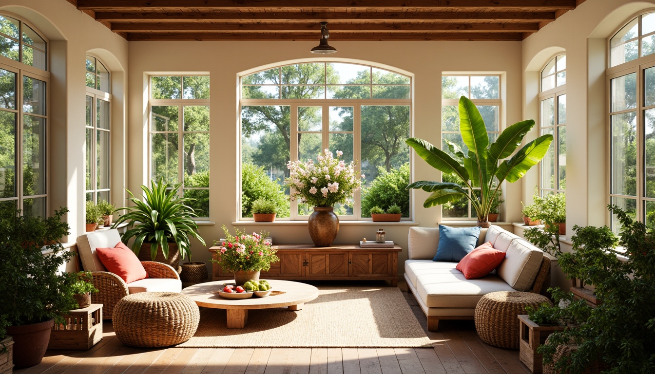 Prompt: Cozy sunroom, warm natural light, soft beige walls, creamy white trim, earthy brown floors, plush greenery, vibrant floral arrangements, comfortable wicker furniture, plush cushions, natural textiles, woven baskets, bright coral accents, calming blue hues, sunny yellow tones, warm terracotta pots, lush foliage, organic shapes, rustic wooden beams, airy atmosphere, soft focus, 1/2 composition, warm color temperature, inviting ambiance.